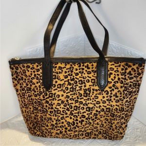 Fossil Leather & Calf Hair Leopard Print Shoulder Tote Bag (EUC)